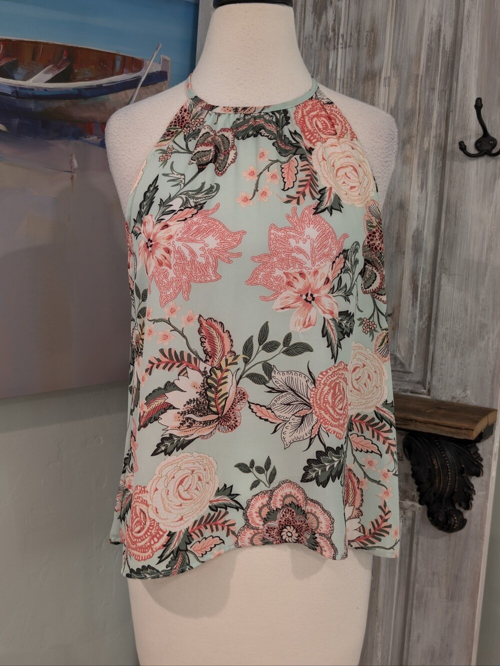 Chenault Floral Halter Tank Top in Mint